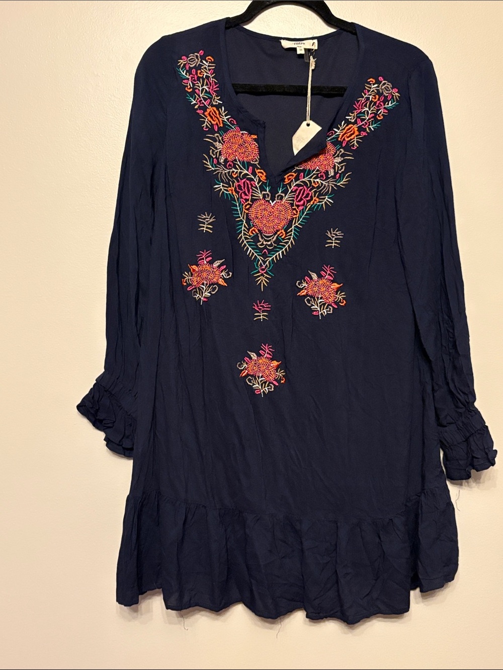 entro navy blue boho embroidered dress size medium NWT